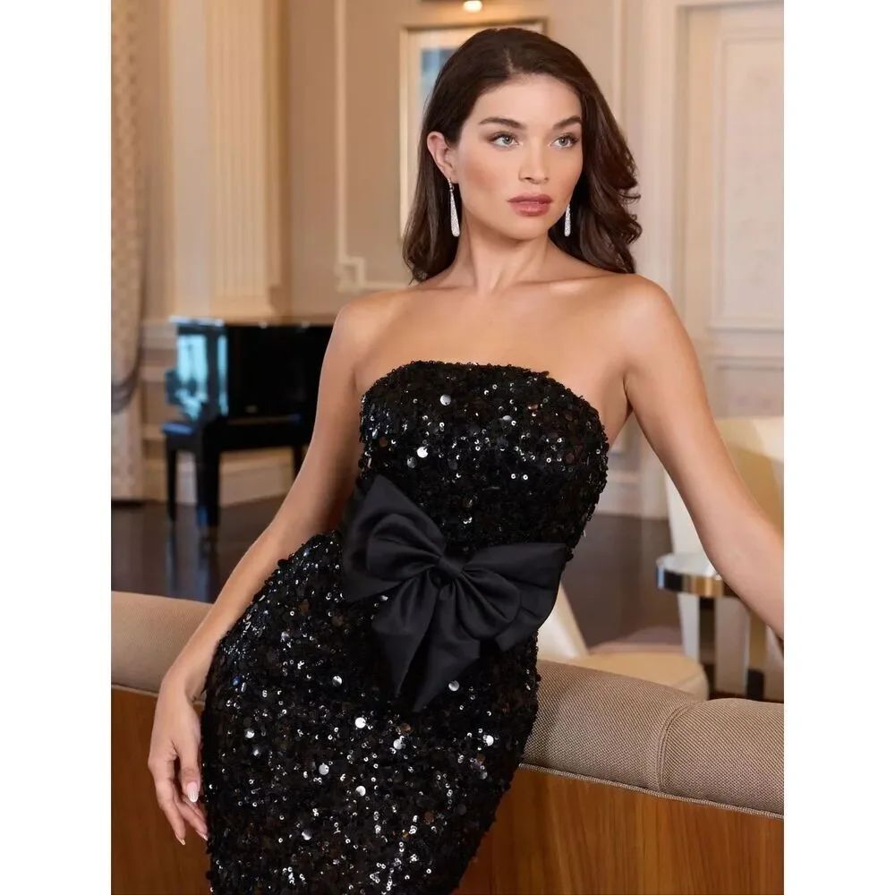 NEW Mac Duggal 27761 Black Strapless Sequin Evening Gown With Bow Size 6 - Picture 5 of 14